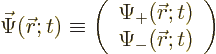 \begin{displaymath}
\skew{-1}\vec\Psi({\skew0\vec r};t)
\equiv
\left(
\begin...
...0\vec r};t) \\
\Psi_-({\skew0\vec r};t)
\end{array} \right)
\end{displaymath}