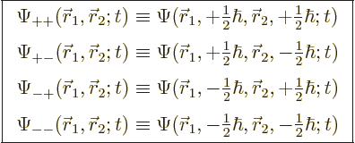 \begin{displaymath}
\fbox{$\displaystyle
\begin{array}{c}
\displaystyle
\Psi...
...kew0\vec r}_2,-{\textstyle\frac{1}{2}}\hbar;t)
\end{array} $}
\end{displaymath}