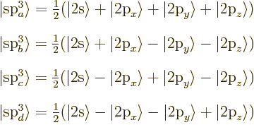 \begin{displaymath}
\renewedcommand{arraystretch}{1.8}
\begin{array}{l}
\vert...
...e-\vert\mbox{2p}_y\rangle+\vert\mbox{2p}_z\rangle)
\end{array}\end{displaymath}