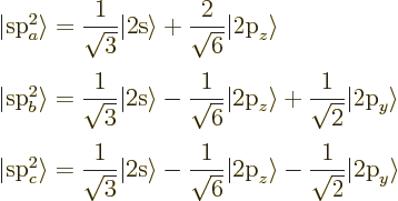 \begin{displaymath}
\renewedcommand{arraystretch}{2.3}
\begin{array}{l}
\vert...
...splaystyle\frac{1}{\sqrt2}}\vert\mbox{2p}_y\rangle
\end{array}\end{displaymath}