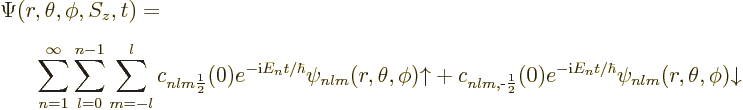 \begin{eqnarray*}
\lefteqn{\Psi(r,\theta,\phi,S_z,t) =} \\
&&
\sum_{n=1}^\in...
...)
e^{-{\rm i}E_n t/\hbar} \psi_{nlm}(r,\theta,\phi){\downarrow}
\end{eqnarray*}