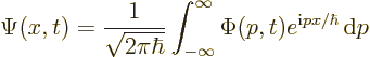 \begin{displaymath}
\Psi(x,t)= \frac{1}{\sqrt{2\pi\hbar}}
\int_{-\infty}^\infty \Phi(p,t) e^{{\rm i}p x/\hbar} {\,\rm d}p
\end{displaymath}