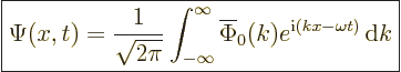 \begin{displaymath}
\fbox{$\displaystyle
\Psi(x,t) = \frac{1}{\sqrt{2\pi}}
\i...
... \overline{\Phi}_0(k) e^{{\rm i}(kx-\omega t)}{\,\rm d}k
$} %
\end{displaymath}