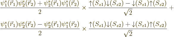 \begin{eqnarray*}
& & \frac{\pe1/{\skew0\vec r}_1///\pe2/{\skew0\vec r}_2///+\p...
...wnarrow}(S_{z2})+{\downarrow}(S_{z1}){\uparrow}(S_{z2})}{\sqrt2}
\end{eqnarray*}