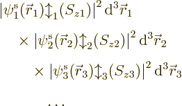 \begin{eqnarray*}
&& \left\vert\pe1/{\skew0\vec r}_1/b/z1/\right\vert^2 {\rm d}...
...t^2 {\rm d}^3{\skew0\vec r}_3 \\
&& \quad \quad \quad{} \ldots
\end{eqnarray*}