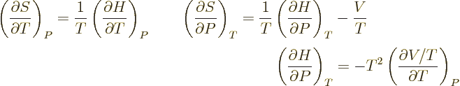 \begin{displaymath}
\begin{array}[b]{r}
\displaystyle
\left(\frac{\partial S}...
... \left(\frac{\partial V/T}{\partial T}\right)_P
\end{array} %
\end{displaymath}