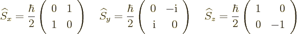 \begin{displaymath}
{\widehat S}_x = \frac{\hbar}{2}
\left(\begin{array}{rr} 0...
...}{2}
\left(\begin{array}{rr} 1 & 0\\ 0 & -1\end{array}\right)
\end{displaymath}