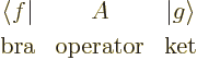 \begin{displaymath}
\begin{array}{ccc}
{\left\langle f\hspace{0.3pt}\right\ver...
...t}{13pt} \mbox{bra} & \mbox{operator} & \mbox{ket}
\end{array}\end{displaymath}