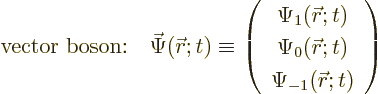 \begin{displaymath}
\mbox{vector boson:}\quad
\skew{-1}\vec\Psi({\skew0\vec r}...
...ec r};t) \\
\Psi_{-1}({\skew0\vec r};t)
\end{array} \right)
\end{displaymath}