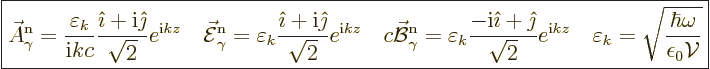 \begin{displaymath}
\fbox{$\displaystyle
\skew3\vec A_\gamma^{\rm n}= \frac{\v...
...psilon_k = \sqrt{\frac{\hbar\omega}{\epsilon_0{\cal V}}}
$} %
\end{displaymath}