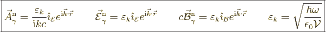 \begin{displaymath}
\fbox{$\displaystyle
\skew3\vec A_\gamma^{\rm n}= \frac{\v...
...psilon_k = \sqrt{\frac{\hbar\omega}{\epsilon_0{\cal V}}}
$} %
\end{displaymath}