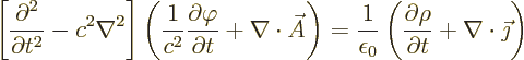 \begin{displaymath}
\left[\frac{\partial^2}{\partial t^2} - c^2 \nabla^2\right]...
...ac{\partial\rho}{\partial t}
+ \nabla\cdot\vec\jmath\right) %
\end{displaymath}