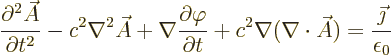 \begin{displaymath}
\frac{\partial^2 \skew3\vec A}{\partial t^2} - c^2 \nabla^2...
...a(\nabla\cdot\skew3\vec A)
= \frac{\vec\jmath}{\epsilon_0} %
\end{displaymath}