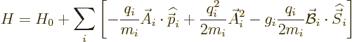 \begin{displaymath}
H = H_0 + \sum_i \left[-\frac{q_i}{m_i}\skew3\vec A_i\cdot ...
...\skew2\vec{\cal B}_i \cdot {\skew 6\widehat{\vec S}}_i \right]
\end{displaymath}