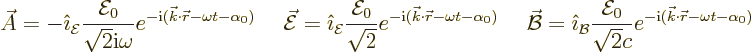 \begin{displaymath}
\skew3\vec A= - {\hat\imath}_{\cal E}\frac{{\cal E}_0}{\sqr...
...c} e^{-{\rm i}({\vec k}\cdot{\skew0\vec r}-\omega t-\alpha_0)}
\end{displaymath}