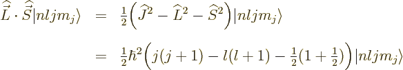 \begin{eqnarray*}
{\skew 4\widehat{\vec L}}\cdot{\skew 6\widehat{\vec S}}\vert ...
...rac{1}{2}} (1+{\textstyle\frac{1}{2}}) \Big) \vert nljm_j\rangle
\end{eqnarray*}