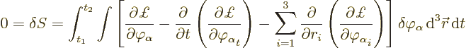 \begin{displaymath}
0 = \delta S = \int_{t_1}^{t_2} \int \left[
\frac{\partial...
...ight] \delta\varphi_\alpha {\,\rm d}^3{\skew0\vec r}{\,\rm d}t
\end{displaymath}