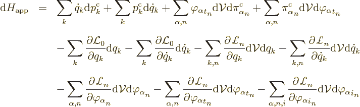 \begin{eqnarray*}
{\rm d}H_{\rm app} & = & \sum_k \dot{q}_k {\rm d}p^{\rm {c}}_...
...ha}_i\strut_n}
{\rm d}{\cal V}{\rm d}{\varphi_\alpha}_i\strut_n
\end{eqnarray*}