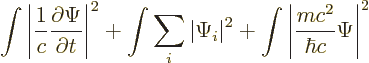 \begin{displaymath}
\int \left\vert \frac{1}{c} \frac{\partial\Psi}{\partial t}...
...t^2 +
\int \left\vert \frac{mc^2}{\hbar c} \Psi \right\vert^2
\end{displaymath}