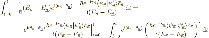 \begin{eqnarray*}
\lefteqn{
\int_{\bar t=0}^t - \frac{{\rm i}}{\hbar}(E_{\vec ...
...}(E_{\vec n}-E_{\underline{\vec n}})}
\right)'
{\,\rm d}\bar t
\end{eqnarray*}