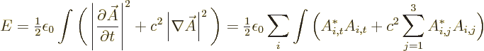 \begin{displaymath}
E = {\textstyle\frac{1}{2}}\epsilon_0 \int
\Bigg(\left\ver...
...igg(A_{i,t}^* A_{i,t} + c^2\sum_{j=1}^3 A_{i,j}^*A_{i,j}\bigg)
\end{displaymath}