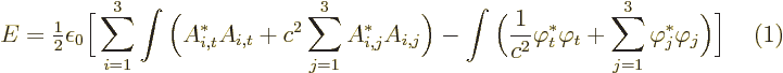 $\parbox{400pt}{\hfill$\displaystyle
E = {\textstyle\frac{1}{2}}\epsilon_0 \big...
...hi_t^* \varphi_t
+ \sum_{j=1}^3 \varphi_j^* \varphi_j\bigg)\bigg]
$\hfill(1)}$