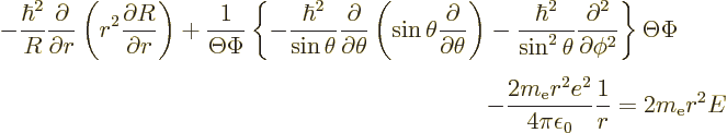 \begin{displaymath}
\begin{array}[b]{r}
\displaystyle
- \frac{\hbar^2}{R}
\f...
... e^2}{4\pi\epsilon_0}\frac1r
= 2m_{\rm e}r^2 E
\end{array} %
\end{displaymath}