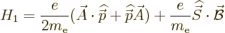 \begin{displaymath}
H_1 = \frac{e}{2m_{\rm e}} (\skew3\vec A\cdot{\skew 4\wideh...
...{e}{m_{\rm e}}{\skew 6\widehat{\vec S}}\cdot\skew2\vec{\cal B}
\end{displaymath}