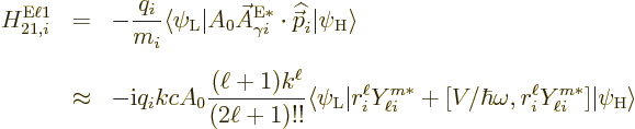 \begin{eqnarray*}
H_{21,i}^{\rm E\ell 1} & = & - \frac{q_i}{m_i}
\langle\psi_{...
...hbar\omega,r_i^\ell Y_{\ell i}^{m*}]
\vert\psi_{\rm {H}}\rangle
\end{eqnarray*}