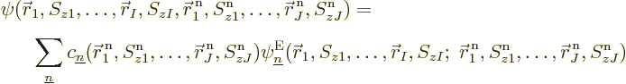 \begin{eqnarray*}
\lefteqn{\psi({\skew0\vec r}_1,S_{z1},\ldots,{\skew0\vec r}_I...
...S^{\rm n}_{z1},\ldots,{\skew0\vec r}^{\,\rm n}_J,S^{\rm n}_{zJ})
\end{eqnarray*}