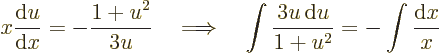 \begin{displaymath}
x \frac{{\rm d}u}{{\rm d}x}= - \frac{1+u^2}{3u}
\quad\Long...
...d
\int \frac{3u{\,\rm d}u}{1+u^2} = - \int \frac{{\rm d}x}{x}
\end{displaymath}