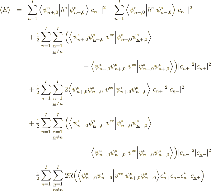 \begin{eqnarray*}
\left\langle{E}\right\rangle & = &
\sum_{n=1}^I
\Big\langle...
..._{n+}^* c_{n-} c_{{\underline n}-}^* c_{{\underline n}+}
\bigg)
\end{eqnarray*}