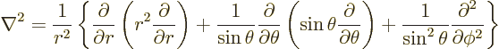 \begin{displaymath}
\nabla^2 = \frac{1}{r^2}
\left\{
\frac{\partial}{\part...
...n^2\theta}
\frac{\partial^2}{\partial \phi^2}
\right\} %
\end{displaymath}