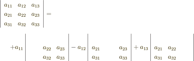 \begin{eqnarray*}
\lefteqn{
\left\vert
\begin{array}{lll}
a_{11} & a_{12...
...a_{31} & a_{32} & \phantom{a_{33}}
\end{array}
\right\vert
\end{eqnarray*}