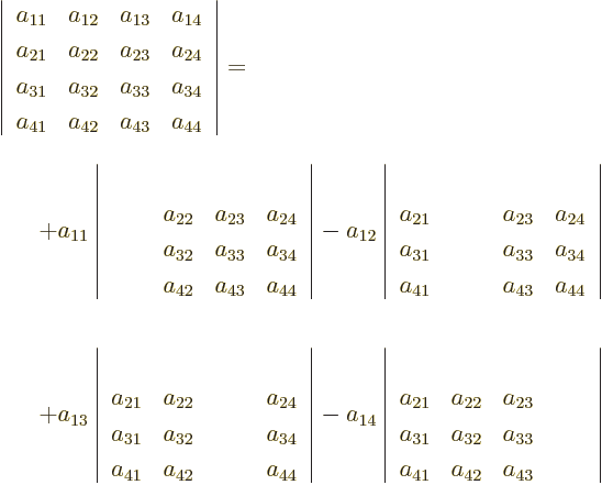 \begin{eqnarray*}
\lefteqn{
\left\vert
\begin{array}{llll}
a_{11} & a_{1...
...a_{42} & a_{43} & \phantom{a_{44}}
\end{array}
\right\vert
\end{eqnarray*}